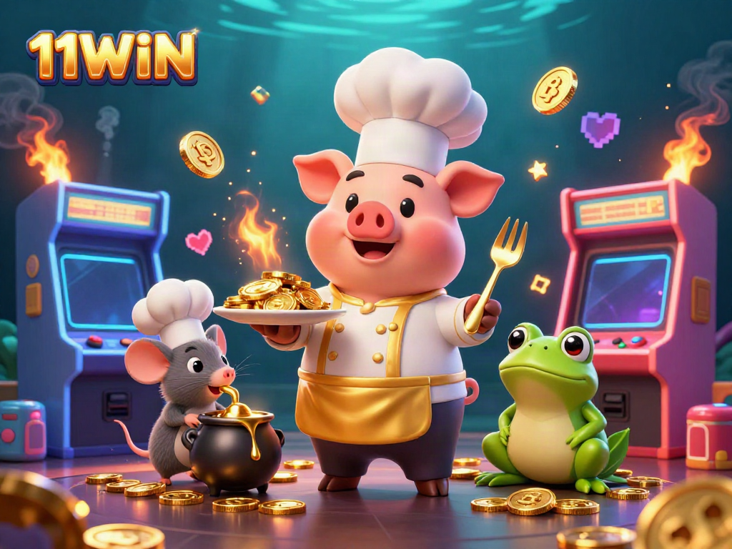 Experience exciting gaming with 11WIN as a chef pig serves gold coins amidst vibrant arcade elements.