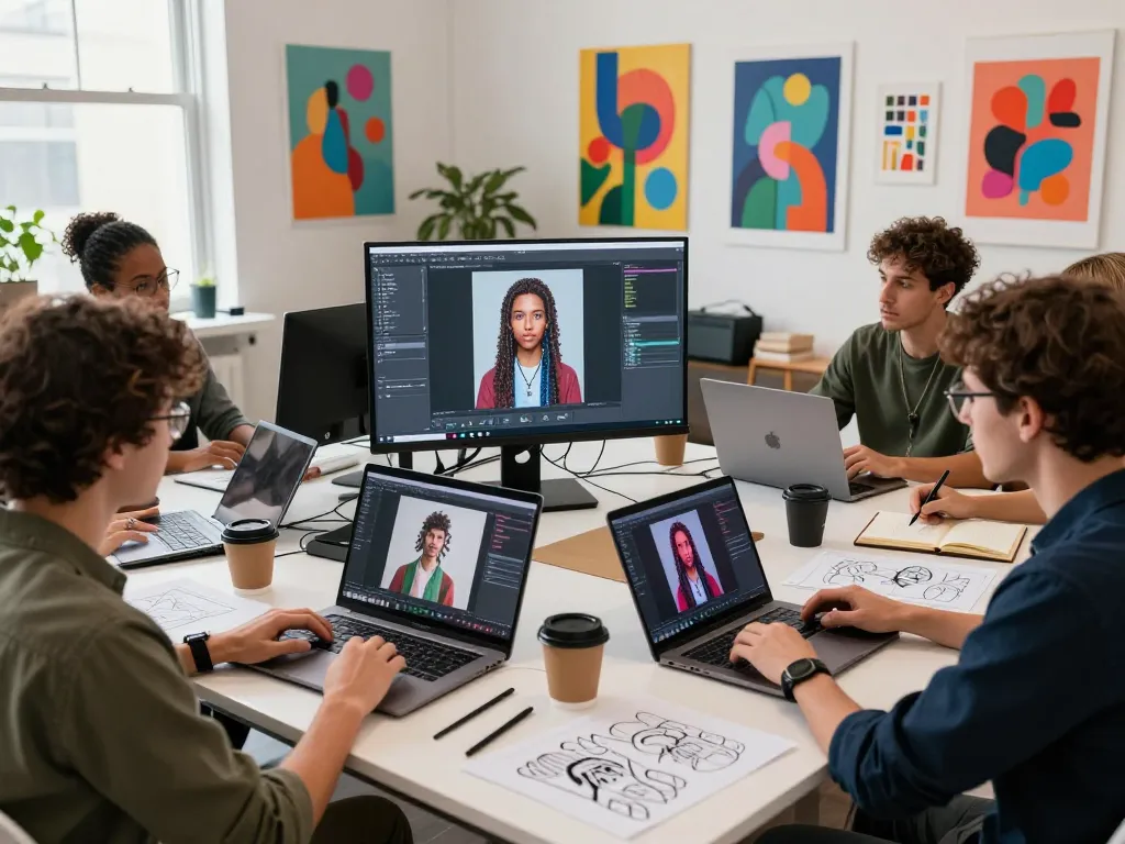 Collaboration on innovative AI porn content in a vibrant studio with diverse artists and programmers.