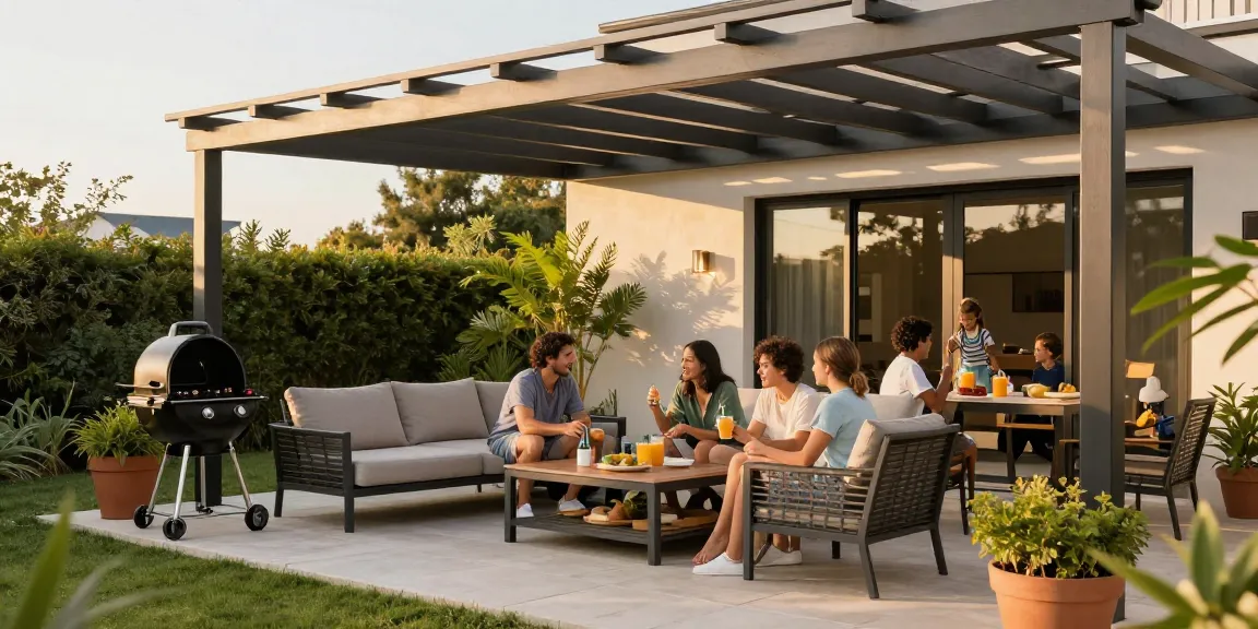 Terrassenüberdachung in moderner Alu-Ausführung mit Familie auf sonniger Terrasse bei gemütlichem Grillen.