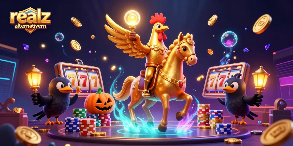 Entdecken Sie realz casino alternativen mit einem goldenen Hahn und seinen Freunden in einem bunten Spielautomaten-Szenario