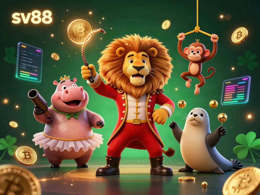 Experience the thrilling action at sv88 with vibrant casino characters amidst digital coins and gaming elements.