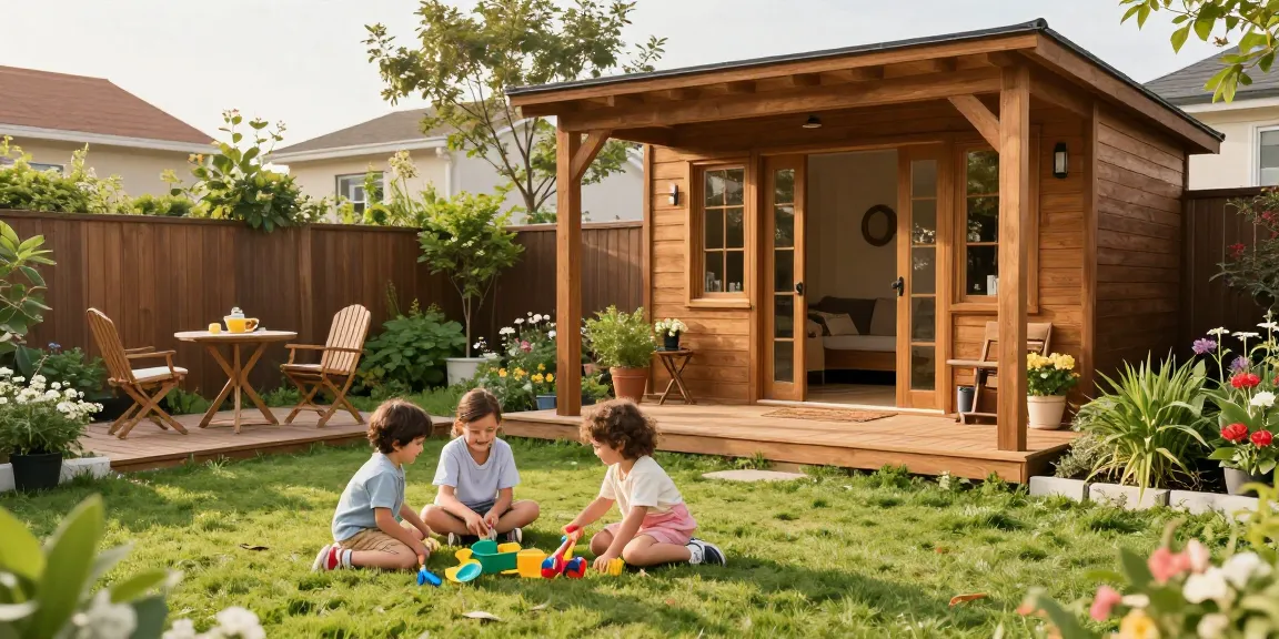 Gartenhaus kaufen: Familie genießt Zeit im Gartenhaus mit Kindern und Spielzeug