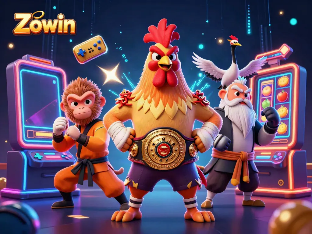 Zowin showcases an energetic scene with dynamic characters celebrating casino wins, amidst colorful game elements