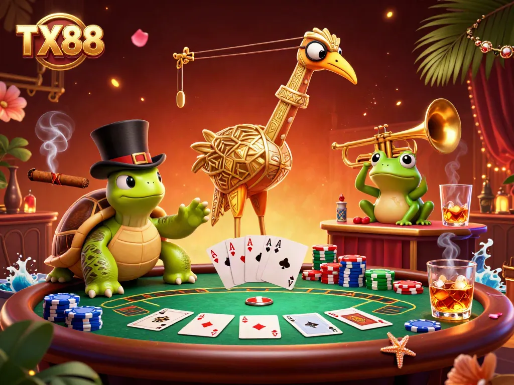 Experience the thrilling atmosphere of TX88 with vibrant gambling elements and lively characters.