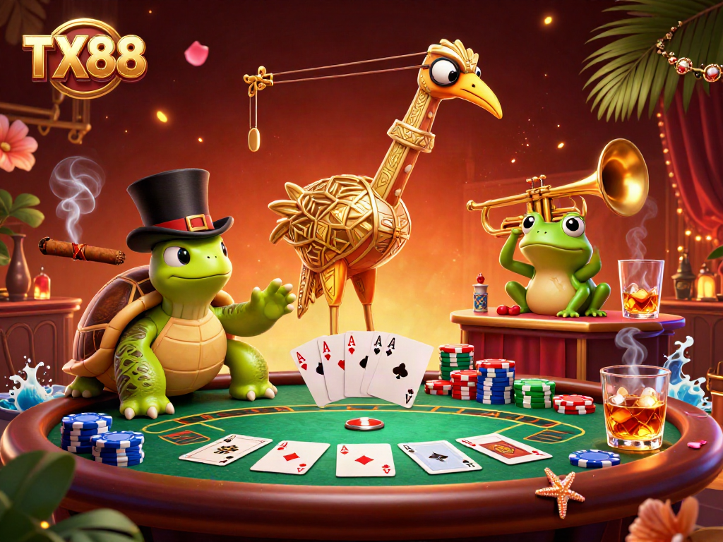 Experience the thrilling atmosphere of TX88 with vibrant gambling elements and lively characters.
