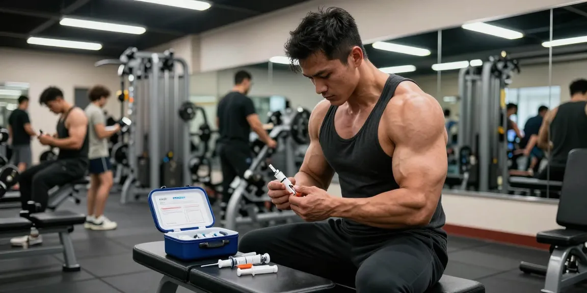 Anabolika Shop: Bodybuilder bereitet sich auf eine Steroidinjektion im Fitnessstudio vor.