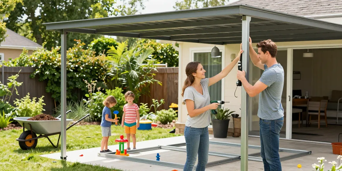 Familie beim Aufbau eines modernen Carports im sonnigen Garten.
