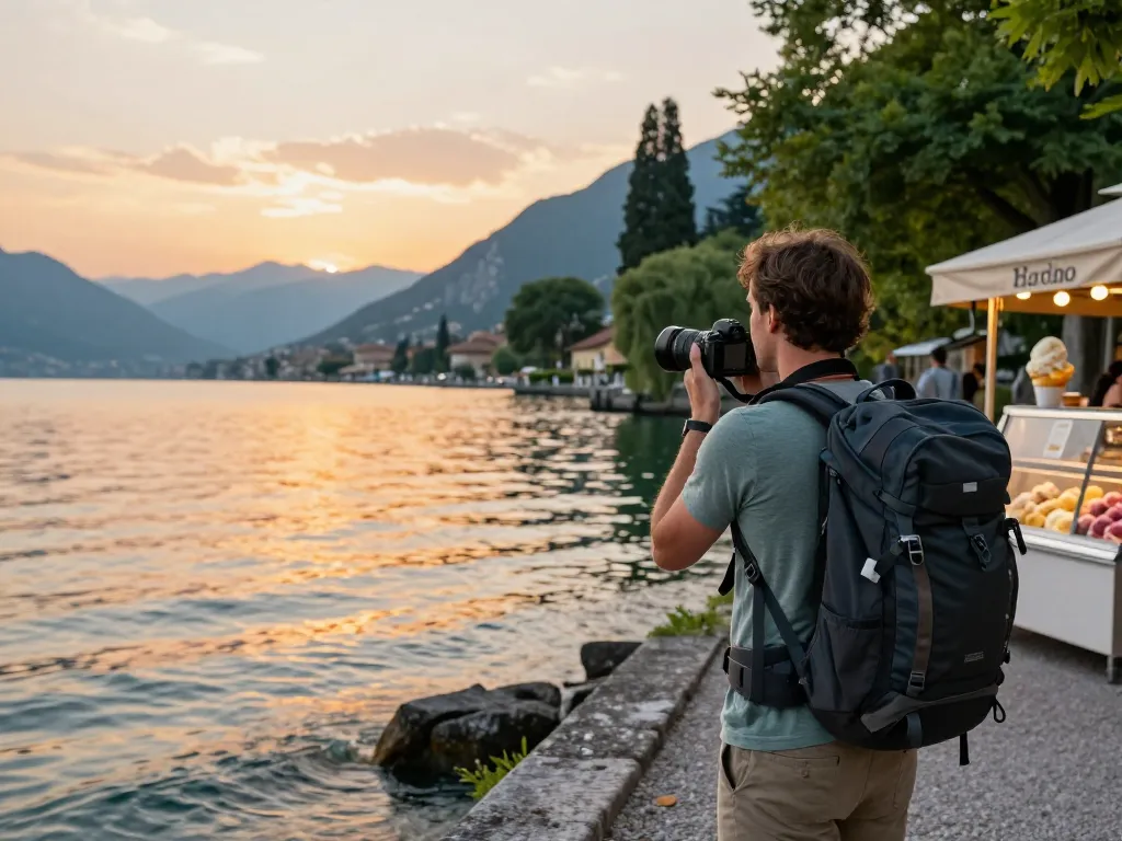 Reisetipps Gardasee: Reisender, der den atemberaubenden Gardasee bei Sonnenuntergang fotografiert und Erinnerungen an einen malerischen Familienurlaub festhält.