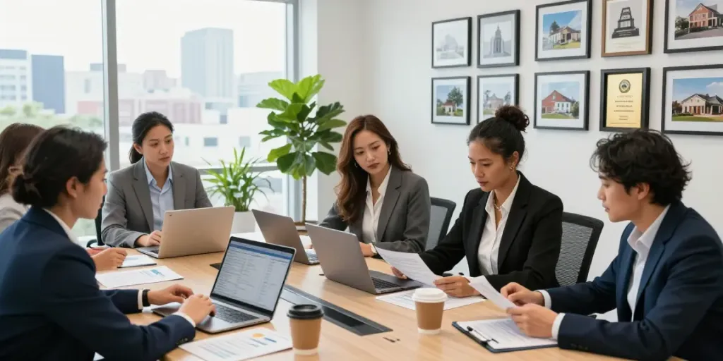 Bester Immobilienmakler Frankfurt: Team von Immobilienmaklern diskutiert und plant strategische Maßnahmen in einem modernen Büro.