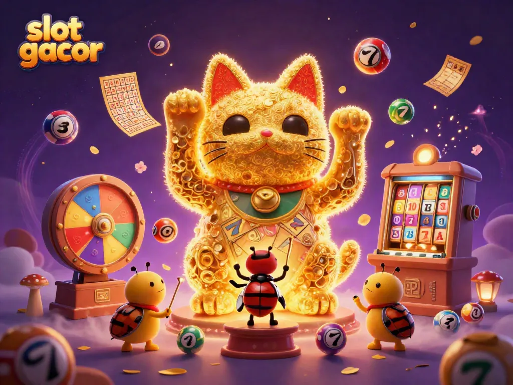 Experience thrilling slot gacor wins with a giant lucky cat and vibrant casino elements in this lively illustration.