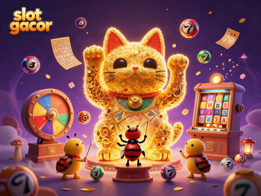Experience thrilling slot gacor wins with a giant lucky cat and vibrant casino elements in this lively illustration.