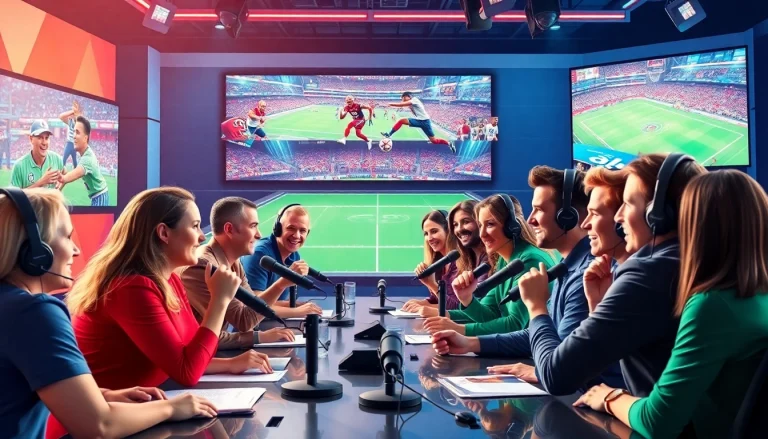 Engaging scene of Sports Broadcasting with hosts discussing live events in a dynamic studio.