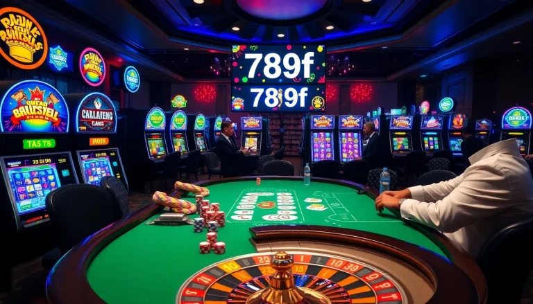 Casino scene with poker players and slot machines showcasing 789f for an immersive gambling experience.