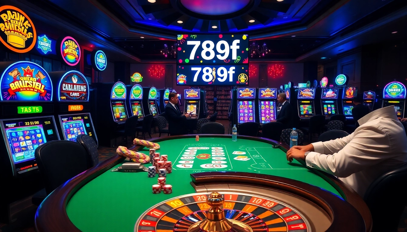 Casino scene with poker players and slot machines showcasing 789f for an immersive gambling experience.