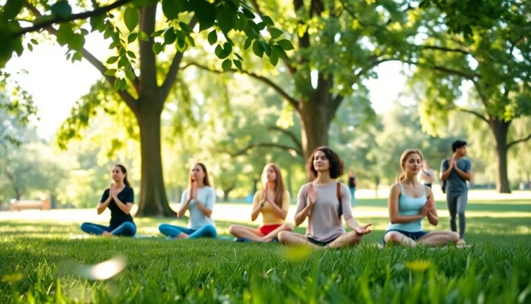 Promote mental health awareness with a diverse group practicing mindfulness in a serene park.