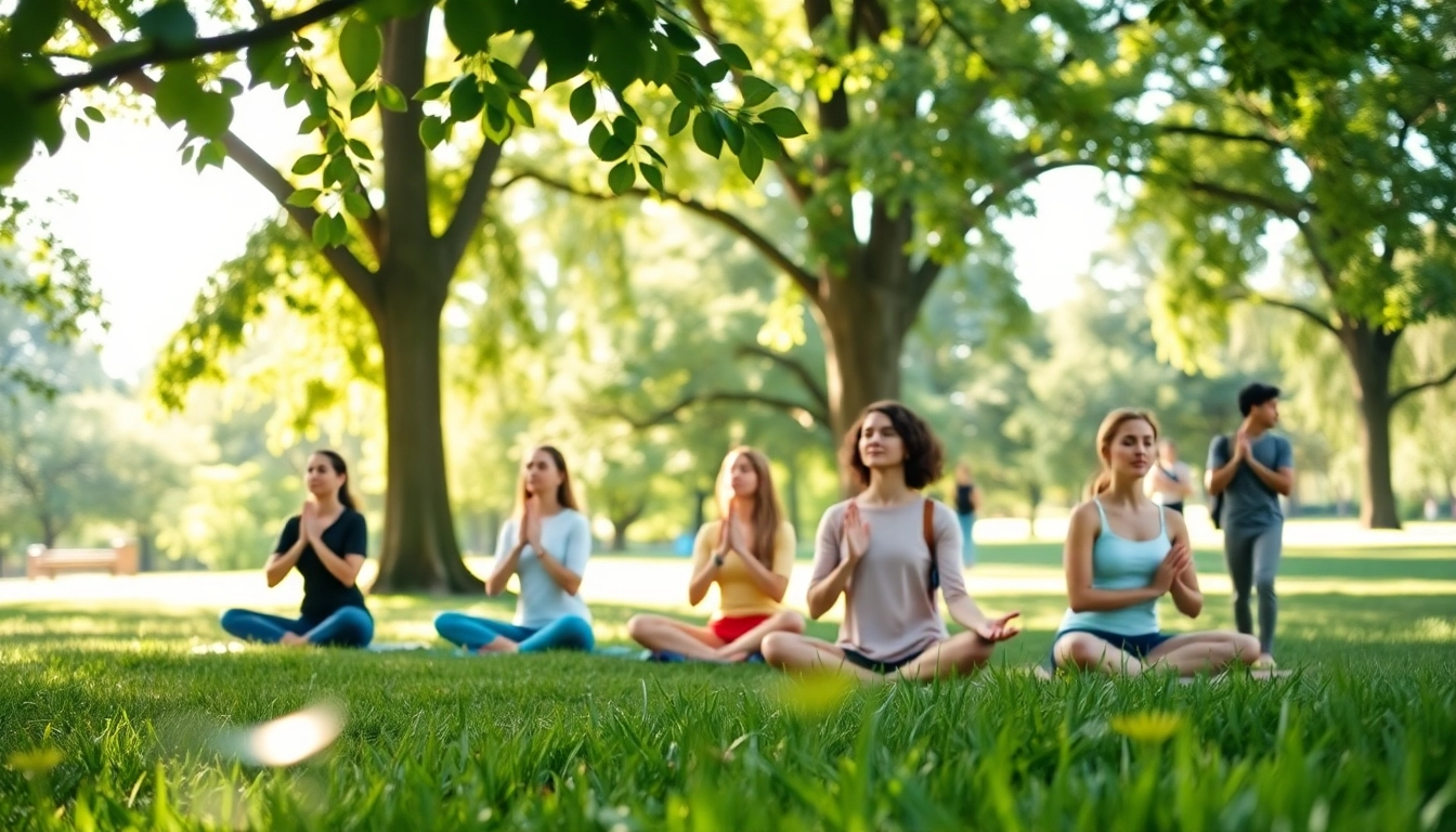 Promote mental health awareness with a diverse group practicing mindfulness in a serene park.