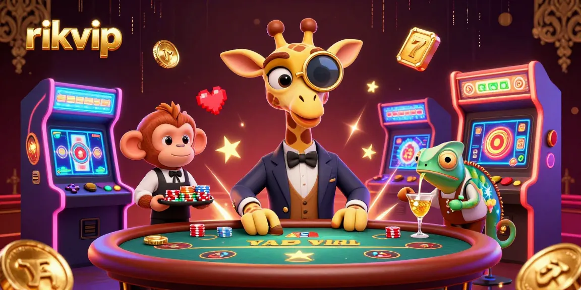 Experience thrilling gameplay at rikvip with a high-roller giraffe at a VIP poker table surrounded by vibrant casino elements.