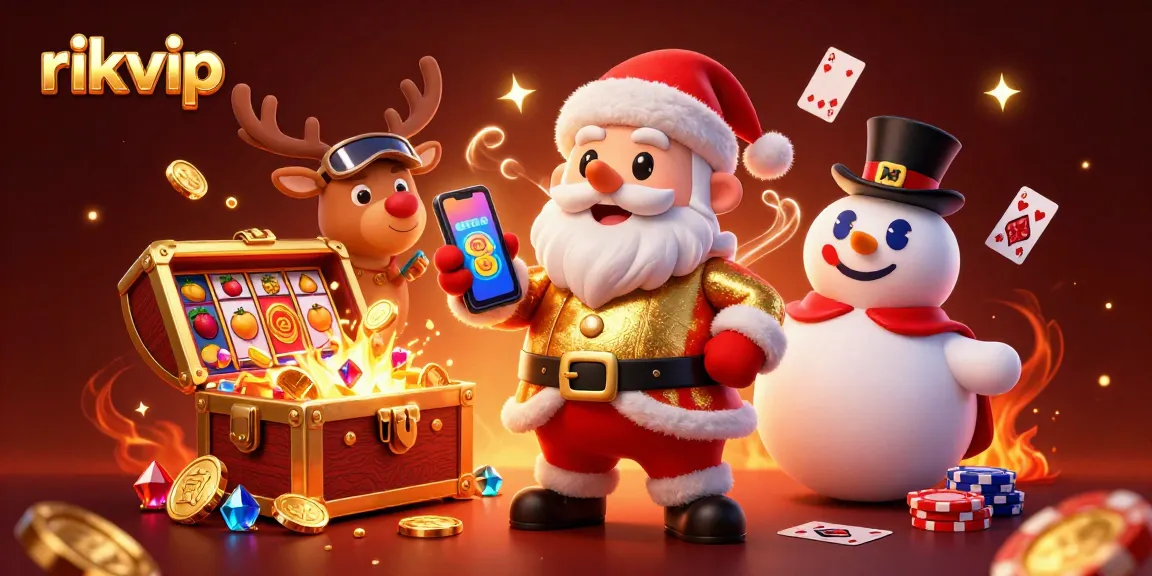 Play slots at rikvip with Santa Claus and festive characters in a vibrant casino scene.