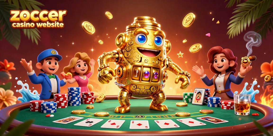 Experience the thrill of the zoccer casino website with a vibrant 3D illustration showcasing a golden golem and poker scene.
