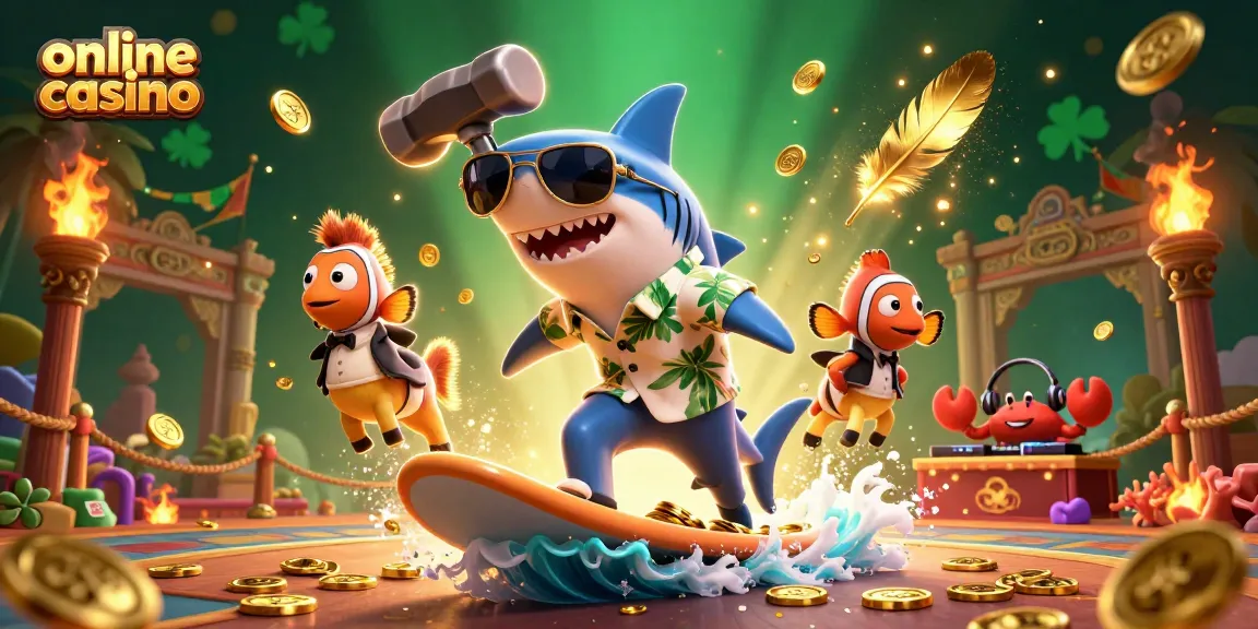 Join the online casino adventure with a shark surfing gold coins in a vibrant sea setting