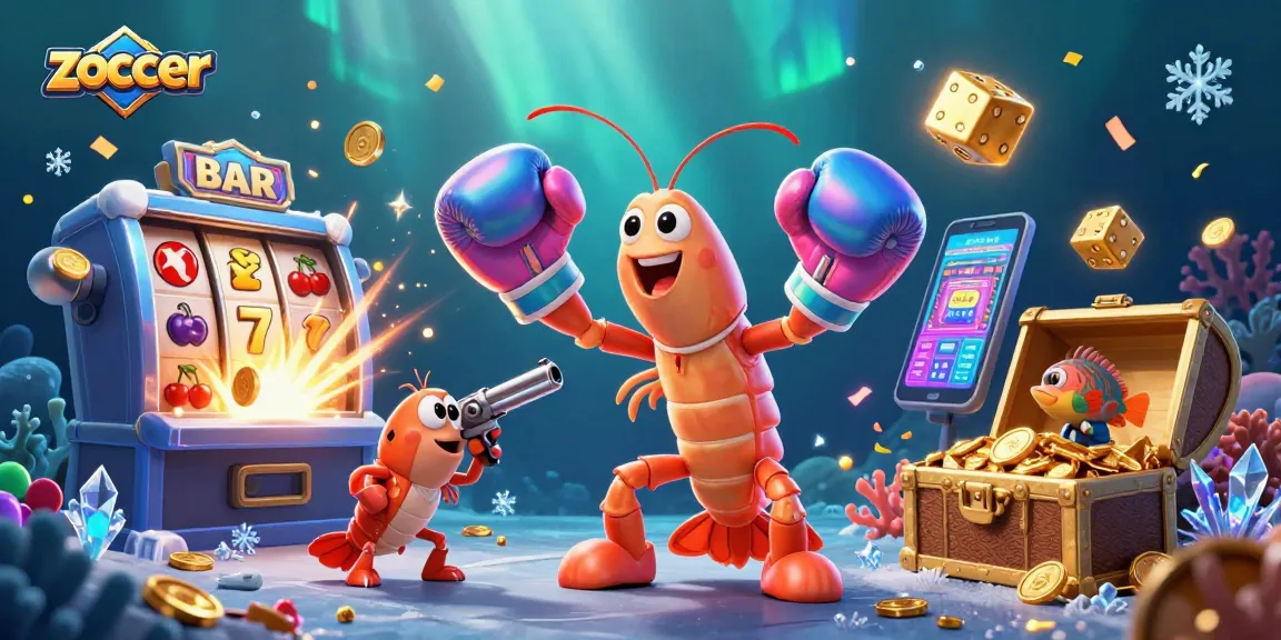 Zoccer featuring cartoon mantis shrimp and slot machine explosion, showcasing casino excitement.