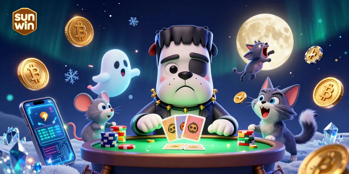 Join the exciting world of sun win as the Frankenstein bulldog deals cards under a golden moon.
